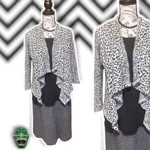 Cha Cha Vente Leopard Print Open Front Waterfall Cardigan Grey Sweater, Large